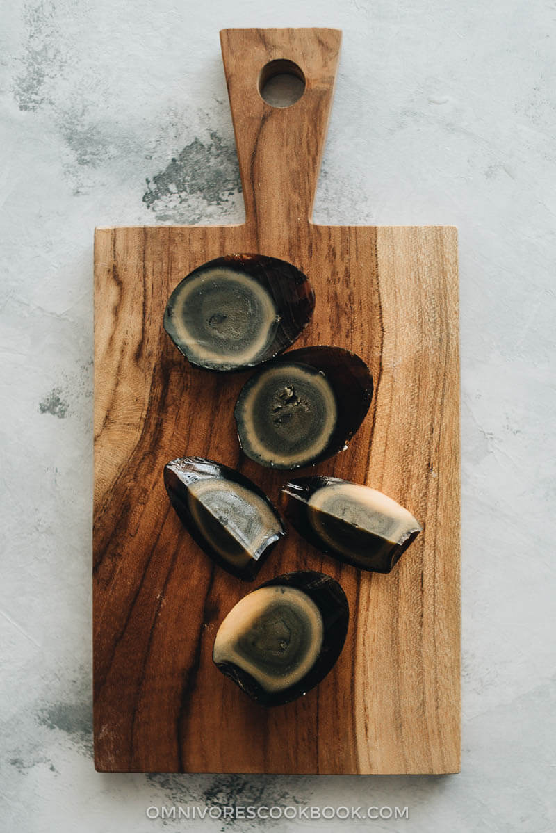 Century eggs on a cutting board