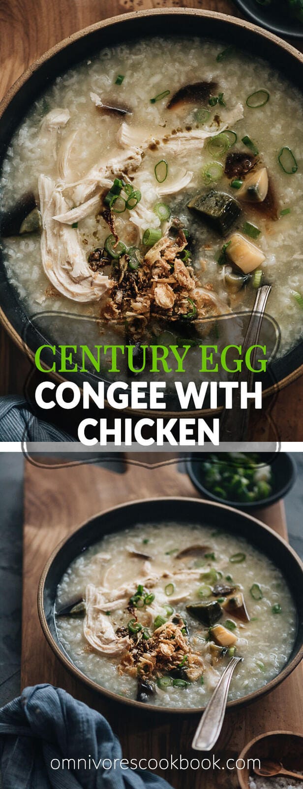 Century Egg Congee with Chicken - Silky creamy congee with shredded chicken cooked in one pot. This recipe requires minimal prep and includes both an Instant Pot version and a stovetop version. {Gluten-Free adaptable} #chinese #comfortfood