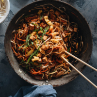 Homemade vegan Pad Thai in a pan