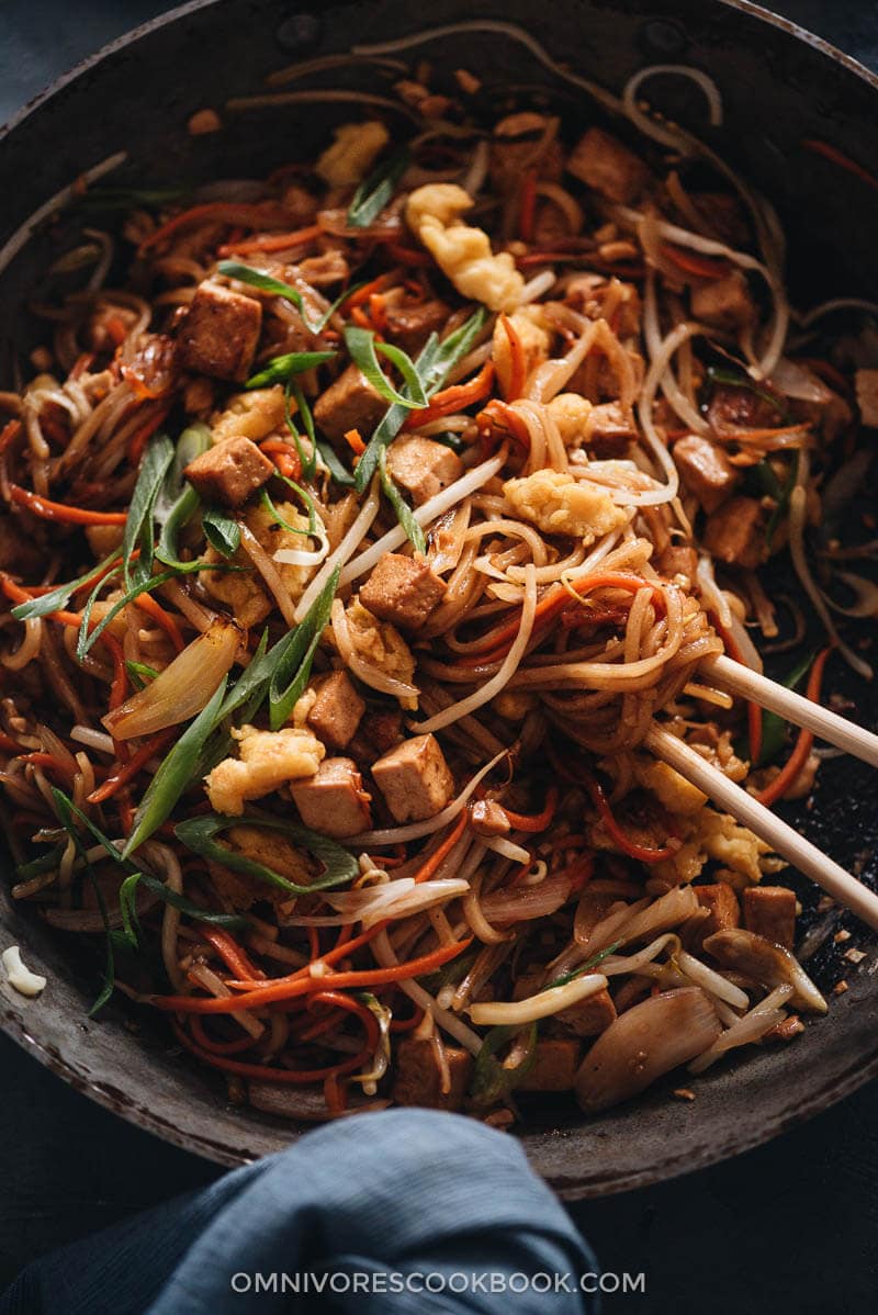 Homemade vegan Pad Thai in a pan close up