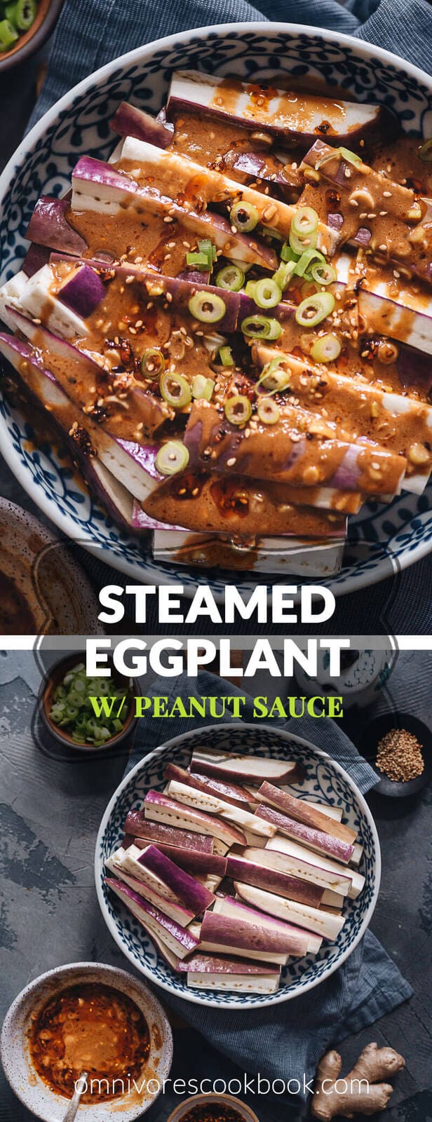 Steamed Eggplant in Nutty Sauce - Tender steamed eggplant is smothered in a gingery garlicky nutty sauce that is slightly sour and sweet. The dish takes no time to prepare, is addictively delicious, and so healthy. {Gluten-Free adaptable, Vegan} 