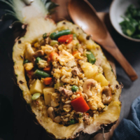 Easy pineapple fried rice served in pineapple bowl