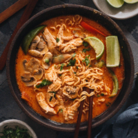 This Thai peanut butter ramen is a perfect dish for your weekday dinner. The tender noodles, juicy chicken and colorful veggies are soaked in a rich broth that is nutty, savory, spicy and sweet. It’s so easy to make and you can easily make it into a vegan version as well.