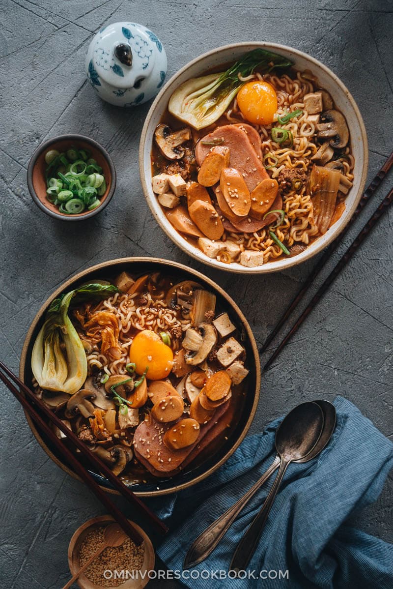 Budae Jjigae served in bowls