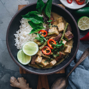 Vegan Thai green curry served with rice