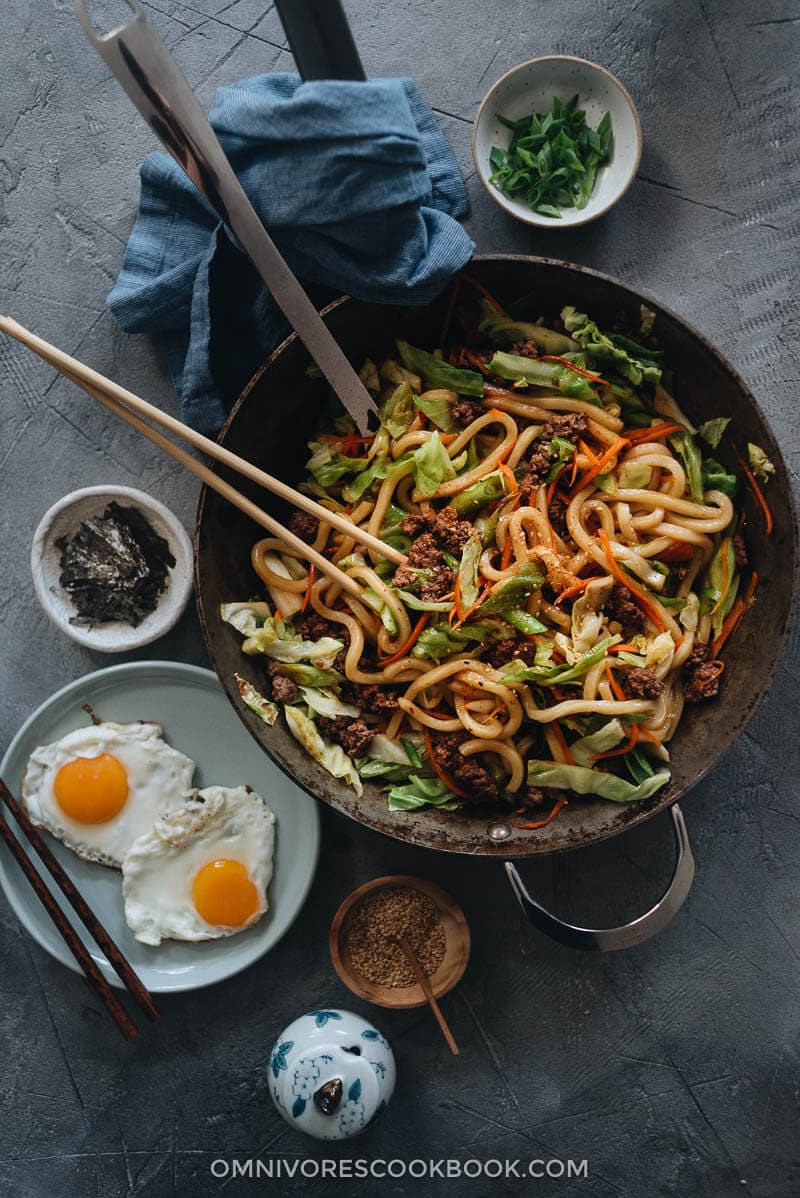 Homemade fried udon in a pan