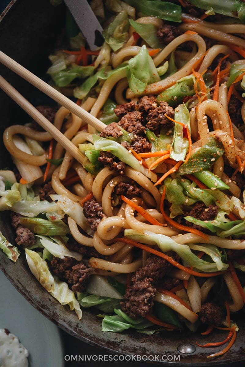 Fried udon in a pan close up