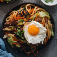 Easy Fried Udon - An easy fried udon recipe with a Chinese twist that yields a rich result that tastes like a beef burger. The recipe calls for very basic ingredients and doesn’t require a wok. Try it out if you like takeout - you’ll like this homemade version even better.