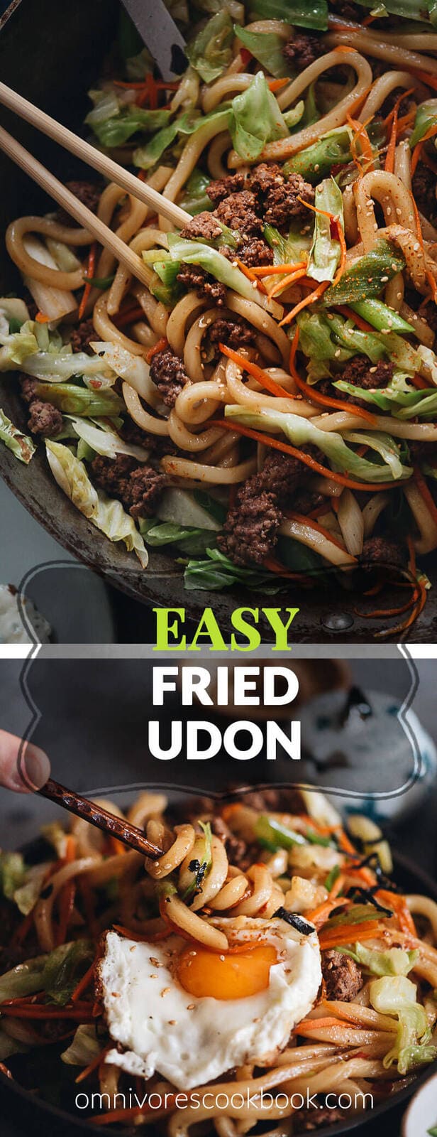 Easy Fried Udon - An easy fried udon recipe with a Chinese twist that yields a rich result that tastes like a beef burger. The recipe calls for very basic ingredients and doesn’t require a wok. Try it out if you like takeout - you’ll like this homemade version even better.