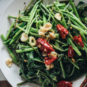 Stir fried water spinach close up