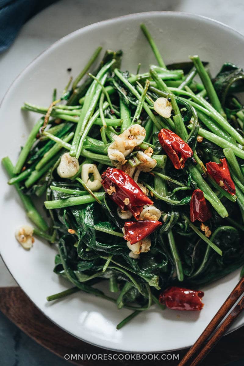 Stir Fried Water Spinach Two Ways Omnivore S Cookbook