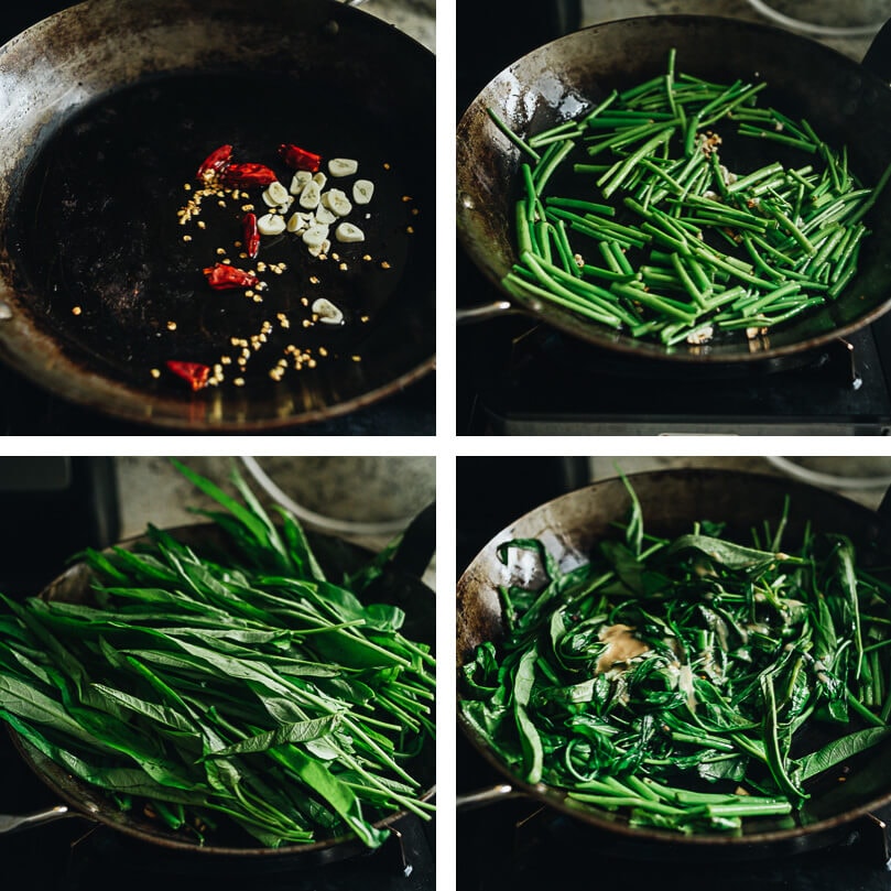 Stir fried water spinach cooking process