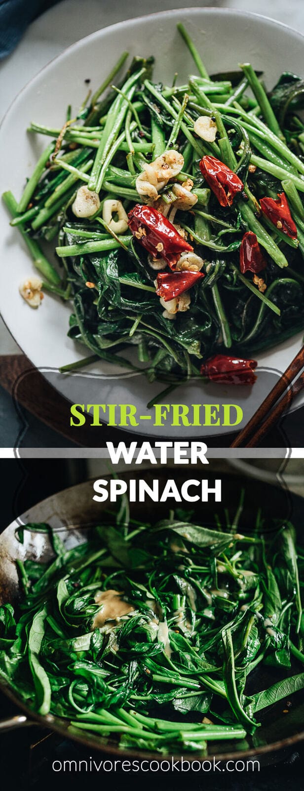 Stir-Fried Water Spinach - Two Ways | Introducing two ways to cook stir-fried water spinach, and both require fewer than five ingredients. Try out this Chinese leafy green to add color and nutrition to your dinner table. {Vegan, Gluten-Free}