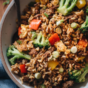 Beef fried rice close up