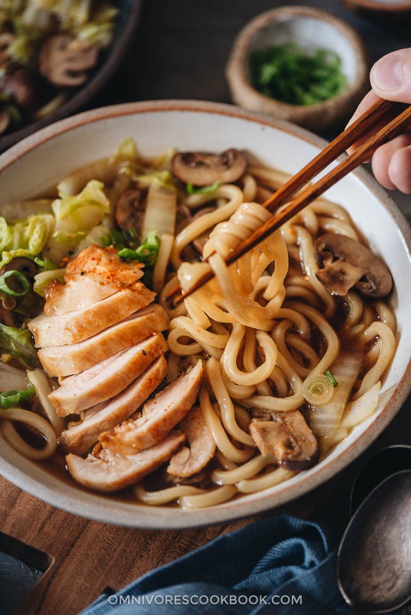 Chicken udon soup close-up