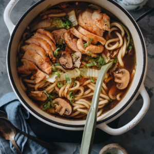 Chicken udon soup in a pot