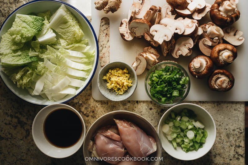 Homemade chicken udon soup ingredients