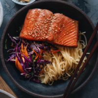 30-Minute Salmon Noodle Bowl with Coleslaw - Tender flaky juicy baked salmon served on noodles with coleslaw in a garlicky gingery savory sauce that’s lightly sweet. This recipe uses a blender to mix one sauce that is used as the salmon marinade and in the noodle sauce, so it literally takes 10 minutes to get ready. It’s a perfect dish for your busy weekday dinners and meal-prep. {Gluten-Free Adaptable}