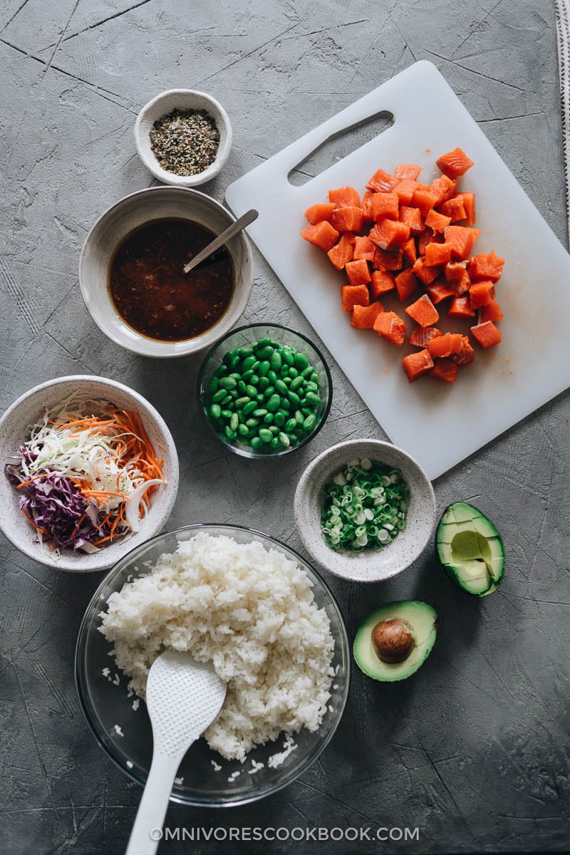 Ingredients for making salmon poke bowl