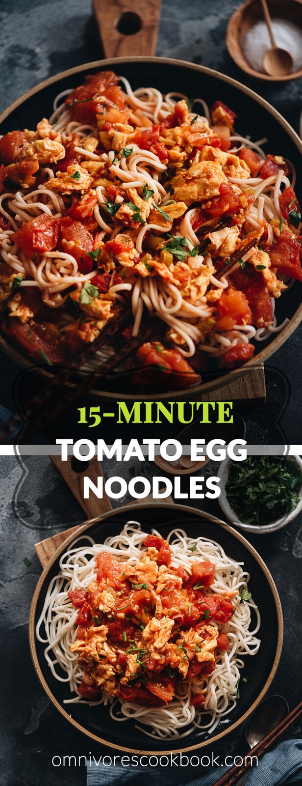 15-Minute Tomato Egg Noodles | Make this dish when you’re in a rush because it takes no time to whip it up for a comforting meal. The scrambled eggs are cooked with tomatoes, aromatics, and a drizzle of soy sauce to create a simple scrumptious sauce, served on top of boiled noodles. So simple and hearty. {Gluten-Free adaptable}