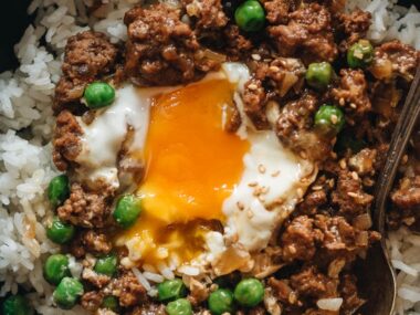 Cantonese ground beef bowl close-up
