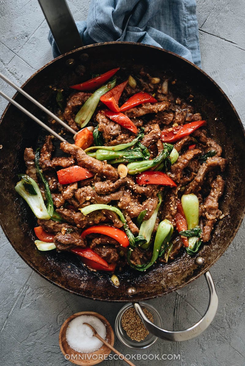 Ginger beef stir fry in a pan