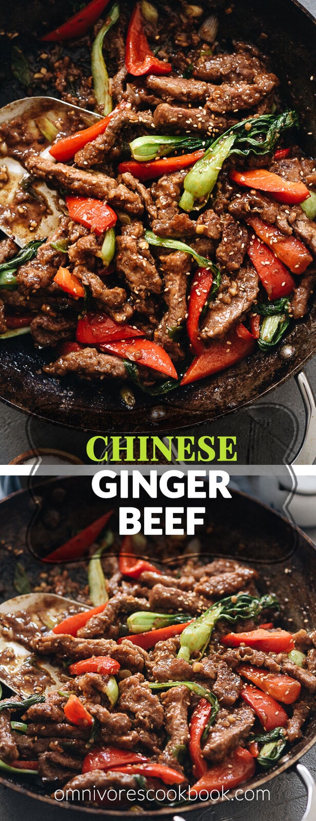 Ginger Beef | Crispy juicy beef, crunchy bell peppers, and tender baby bok choy are tossed in a rich sauce that is sweet, spicy, sour, and peppery. Pair this ginger beef stir fry with a bowl of rice to soak up the deep, arresting flavors of the sauce, and you’ll have a princely takeout favorite with ten times the taste! {Gluten-free adaptable}