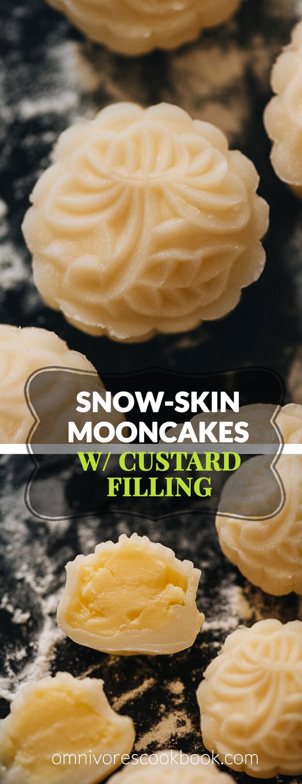 Snow Skin Mooncake with Custard Filling - The snow skin mooncake is made with a tender and fragrant mochi wrapper and a creamy custard filling. This recipe does not require special ingredients that are hard to find and you can get everything online if you don’t live close to an Asian market. It’s the perfect recipe to celebrate the Mid-Autumn Festival.