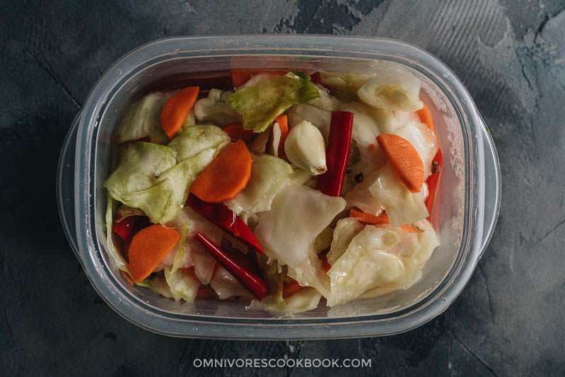 Sichuan pickled cabbage in a container