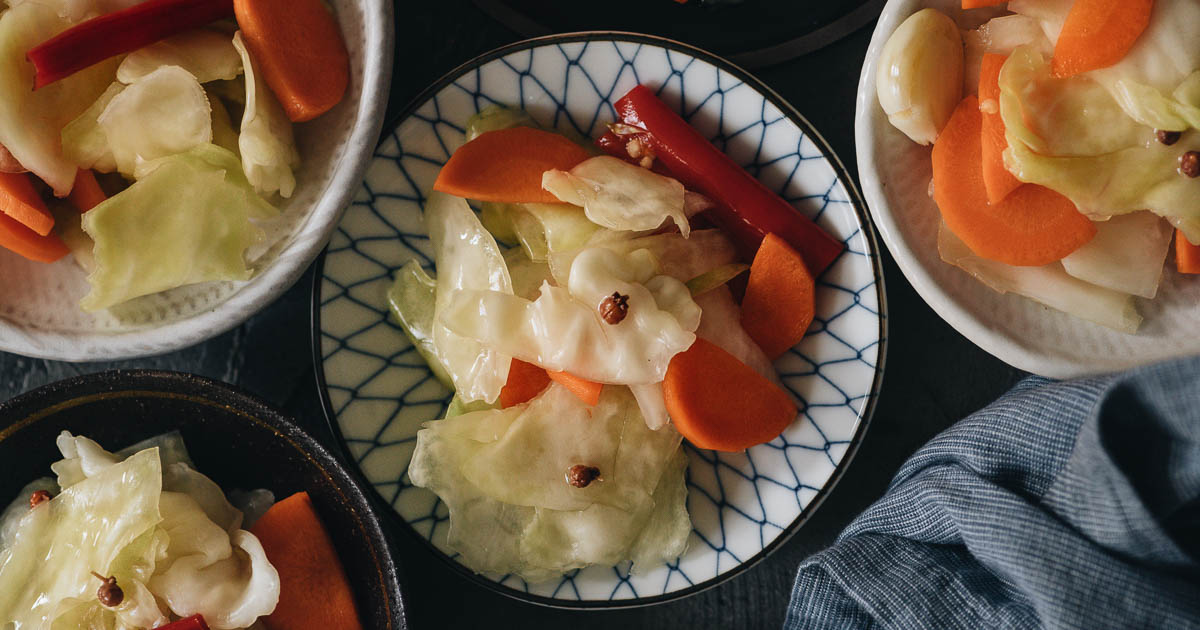 Chinese Pickled Cabbage (A Quick Pickle Recipe) | Make crunchy Chinese pickled cabbage with this quick pickle recipe. It is so easy to prepare, and the result is a well-balanced crisp sweet and sour pickle just like the appetizer you’d get at a Chinese restaurant. {Vegan, Gluten-Free}