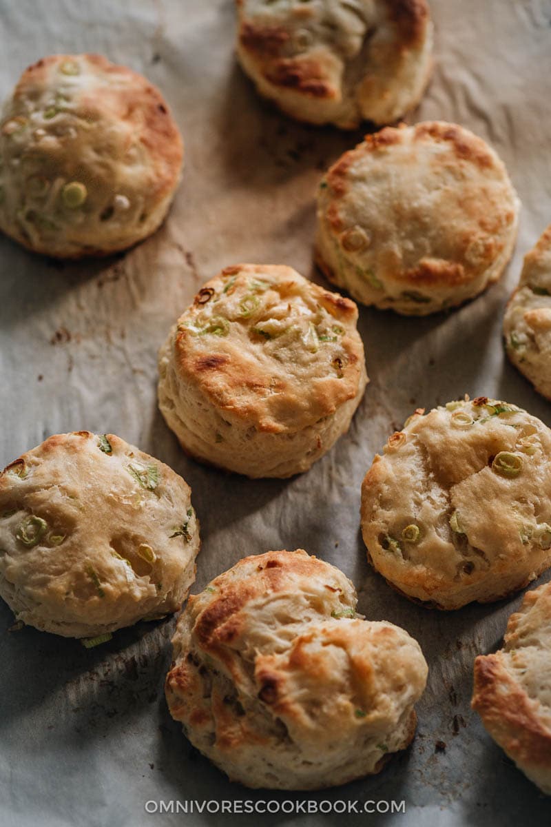 Homemade scallion biscuits on parchment paper