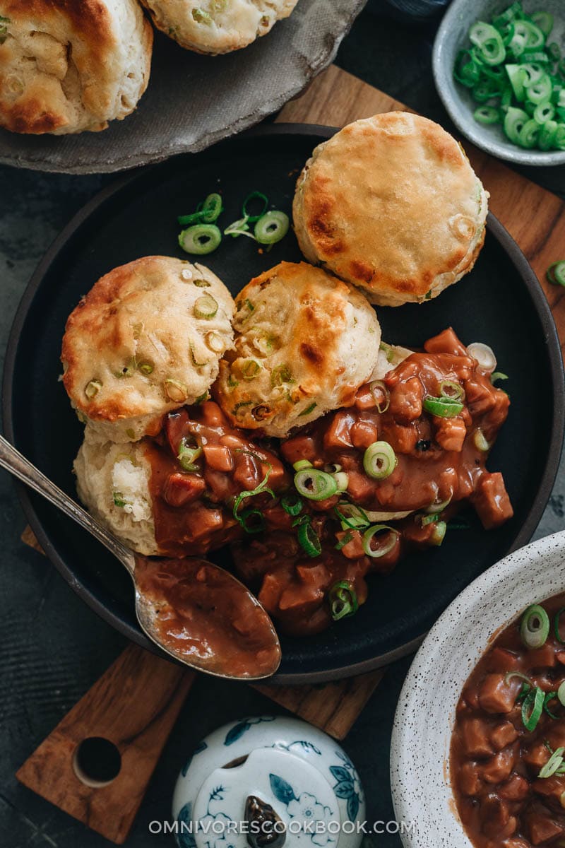 Scallion biscuits and char siu gravy