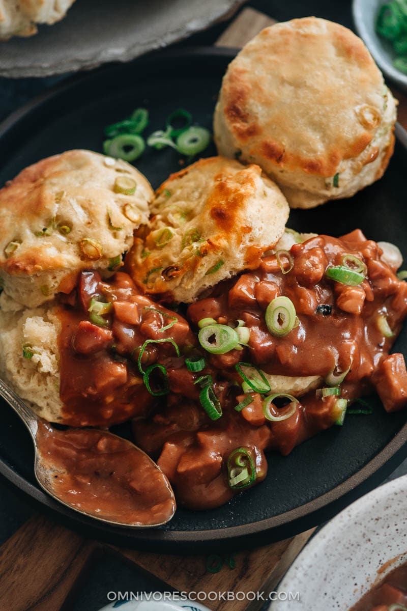 Split biscuits with gravy in a plate