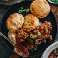 Scallion Biscuits & Char Siu Gravy | A Chinese-style take on an American breakfast favorite, this recipe pairs buttery crumbly biscuits with a richly flavored and decadent char siu gravy. It’s a creative way of using the popular Chinese BBQ pork for a filling and quirky brunch.