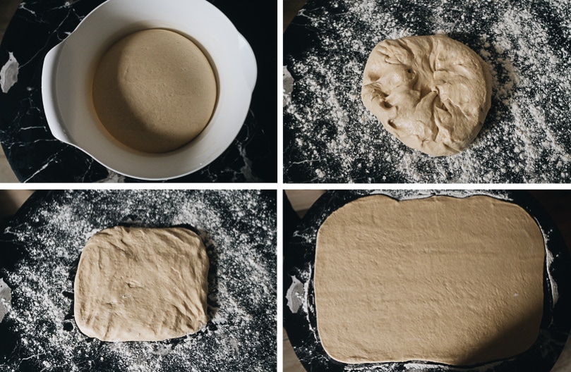 Roll out dough for homemade cinnamon rolls