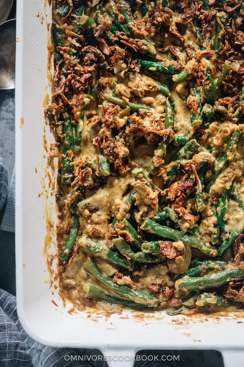 Curried green bean casserole with fried shallots on top