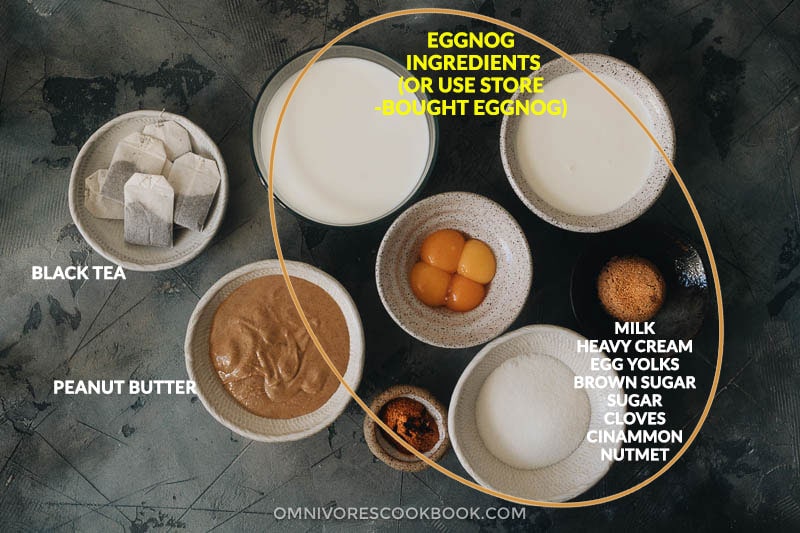 Ingredients for making peanut butter eggnog milk tea