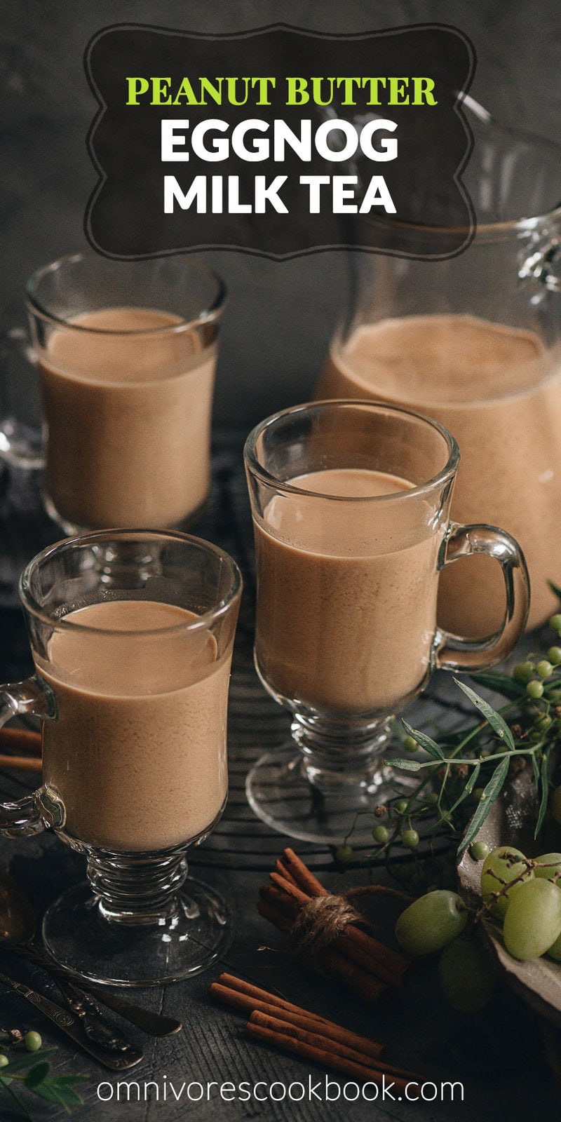 Peanut Butter Eggnog Milk Tea | This Christmas make this nutty creamy peanut butter eggnog milk tea to spice up your party! The recipe includes an easy homemade eggnog recipe. But you can use store-bought eggnog to make it a 3-ingredient recipe that takes no time to put together. The drink tastes somewhere between an Asian boba tea and chai, only tastier and with a silky, creamy texture.