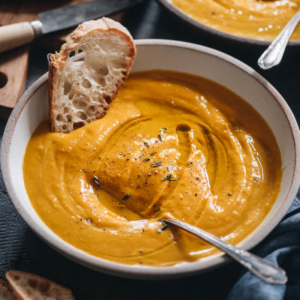 Roasted Kabocha Squash Soup | An easy recipe that yields a well-balanced, hearty, creamy soup that is garlicky and lightly sweet. You can use butternut or acorn squash if you cannot find kabocha. You can easily make the dish vegan as well. Make a big batch in advance and serve it with toasted bread for a healthy dinner. {Vegan-Adaptable, Gluten-Free}
