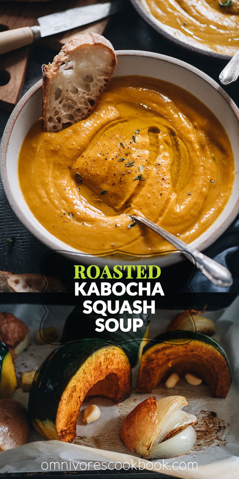 Roasted Kabocha Squash Soup | An easy recipe that yields a well-balanced, hearty, creamy soup that is garlicky and lightly sweet. You can use butternut or acorn squash if you cannot find kabocha. You can easily make the dish vegan as well. Make a big batch in advance and serve it with toasted bread for a healthy dinner. {Vegan-Adaptable, Gluten-Free}