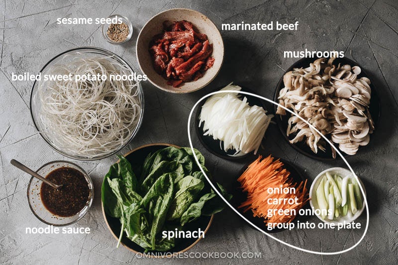Ingredients for making Korean sweet potato noodles