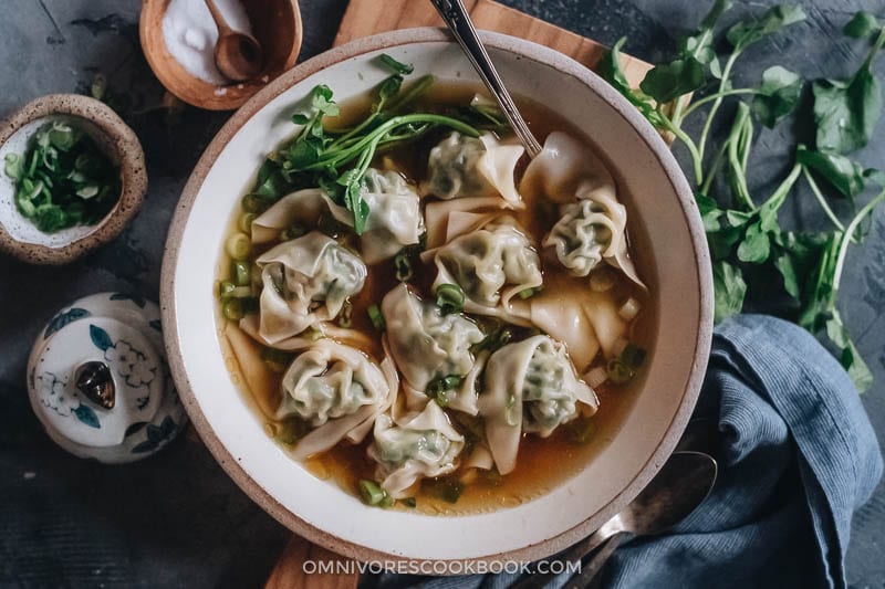 Watercress wonton soup in a bowl