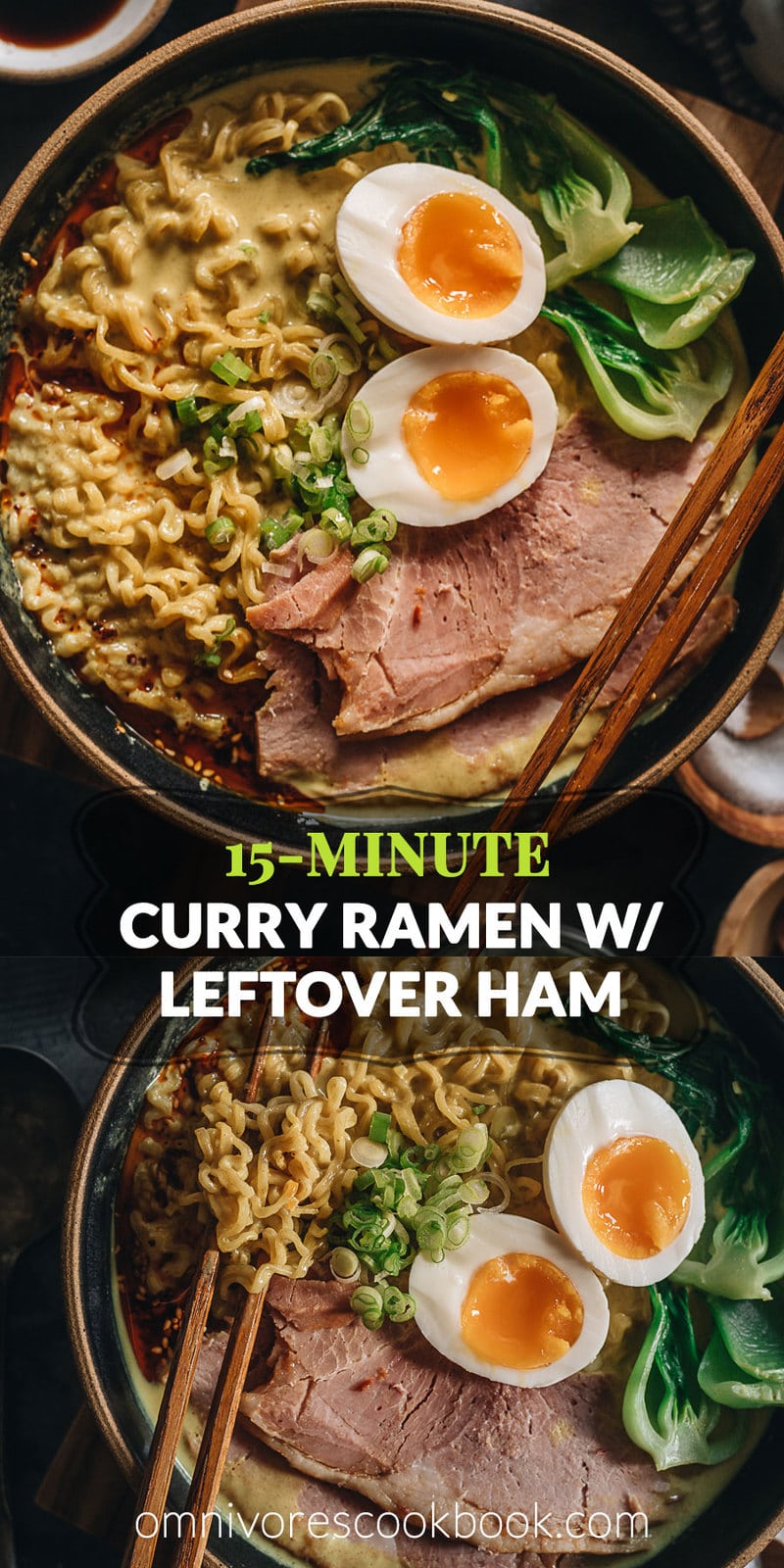15-Minute Curry Ramen with Leftover Ham | A super easy recipe that turns your leftover ham into a scrumptious one-pot dinner. The curry broth is made with coconut milk, butter, and garlic to create a super rich texture that’s bursting with flavor. I’ve included notes so you can tweak the recipe using ingredients you already have in your pantry. {Gluten-Free adaptable}
