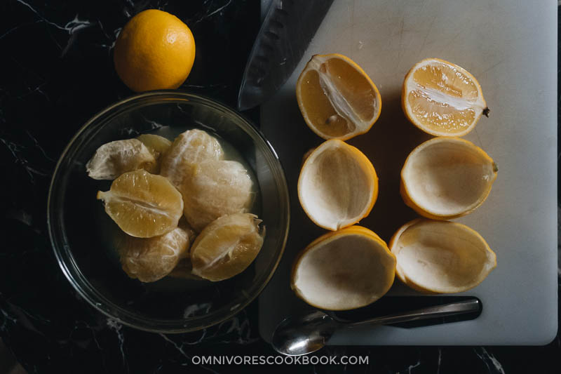 Sliced and peeled meyer lemons