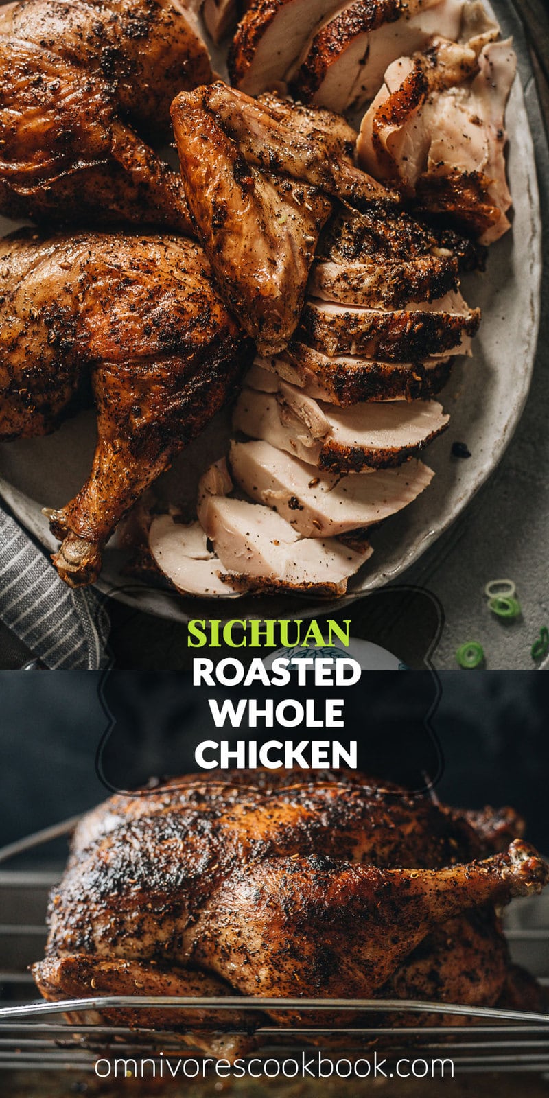 Sichuan Roasted Whole Chicken | This recipe yields an extremely juicy and tender bird with a rich flavor and crispy skin. The chicken is rubbed with Sichuan peppercorn salt, stuffed with fresh aromatics, and oven roasted to perfection. Make this the centerpiece for your next holiday gathering or dinner party and impress everyone! {Gluten-Free adaptable}