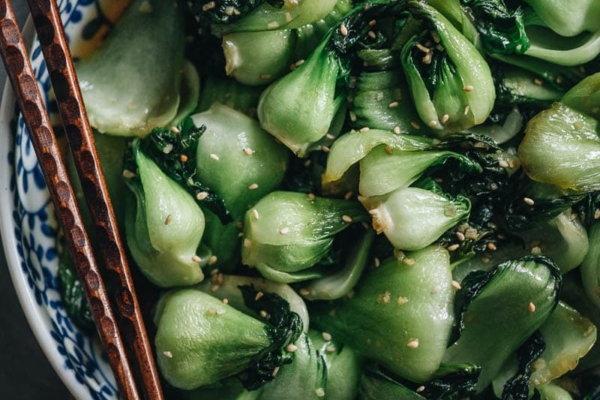 Baby bok choy stir fry close-up