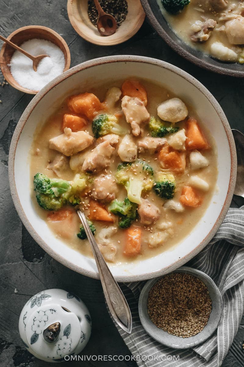 Chicken stew with sweet potato, taro, and broccoli