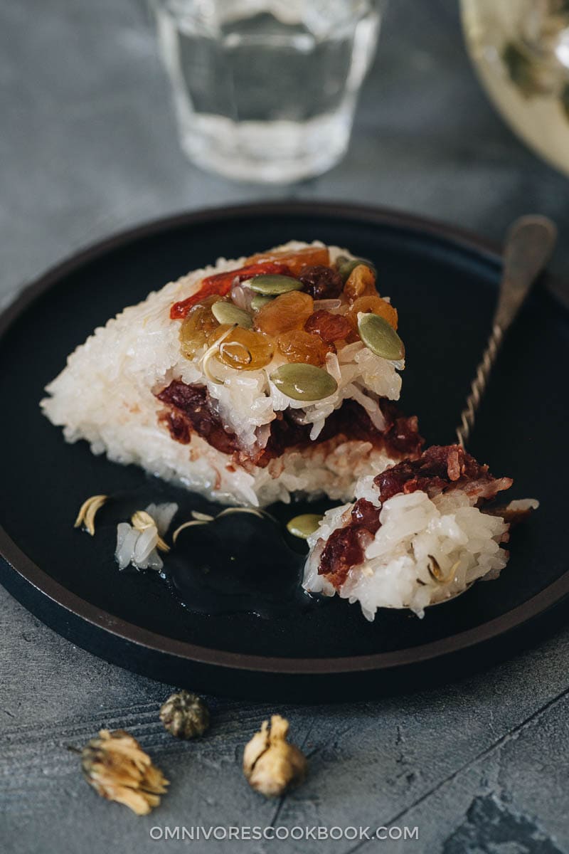Chinese rice pudding with toppings and red bean paste