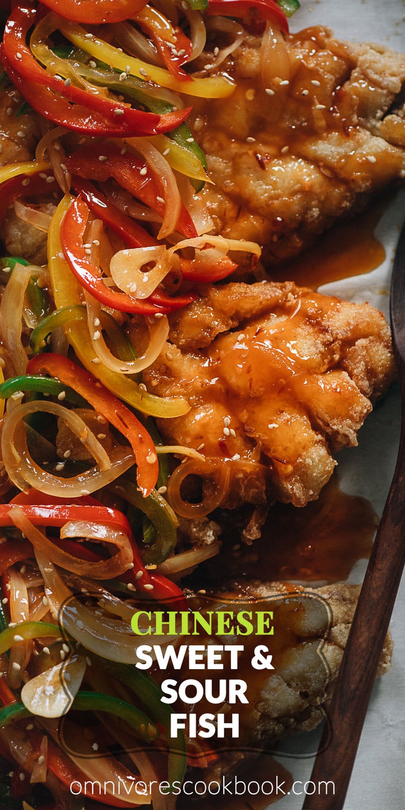 Chinese Sweet and Sour Fish (糖醋鱼) | This recipe uses fish fillets to create a stunning presentation while keeping the cooking process as easy as possible. The fish is shallow-fried until super crispy and then drizzled with a rich and aromatic sauce that is loaded with colorful peppers. It’s a perfect dish to serve at your dinner party, for Chinese New Year, or for other Chinese festivals. {Gluten-Free Adaptable}