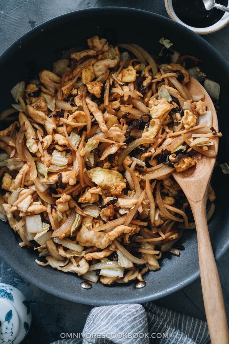 Homemade moo shu chicken in a pan